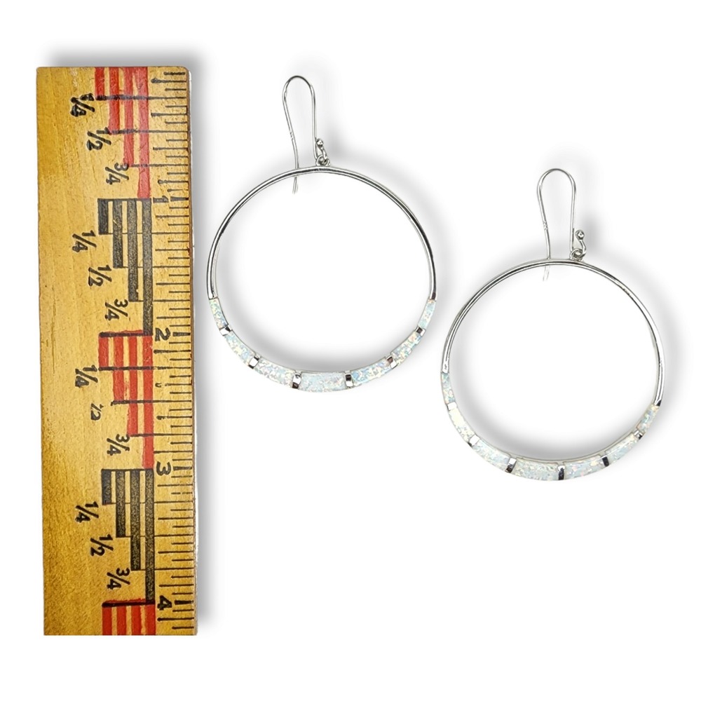 Sterling Silver 925 Southwestern Faux Opal Channel Inlay Large Hoop Earrings - Picture 6 of 9